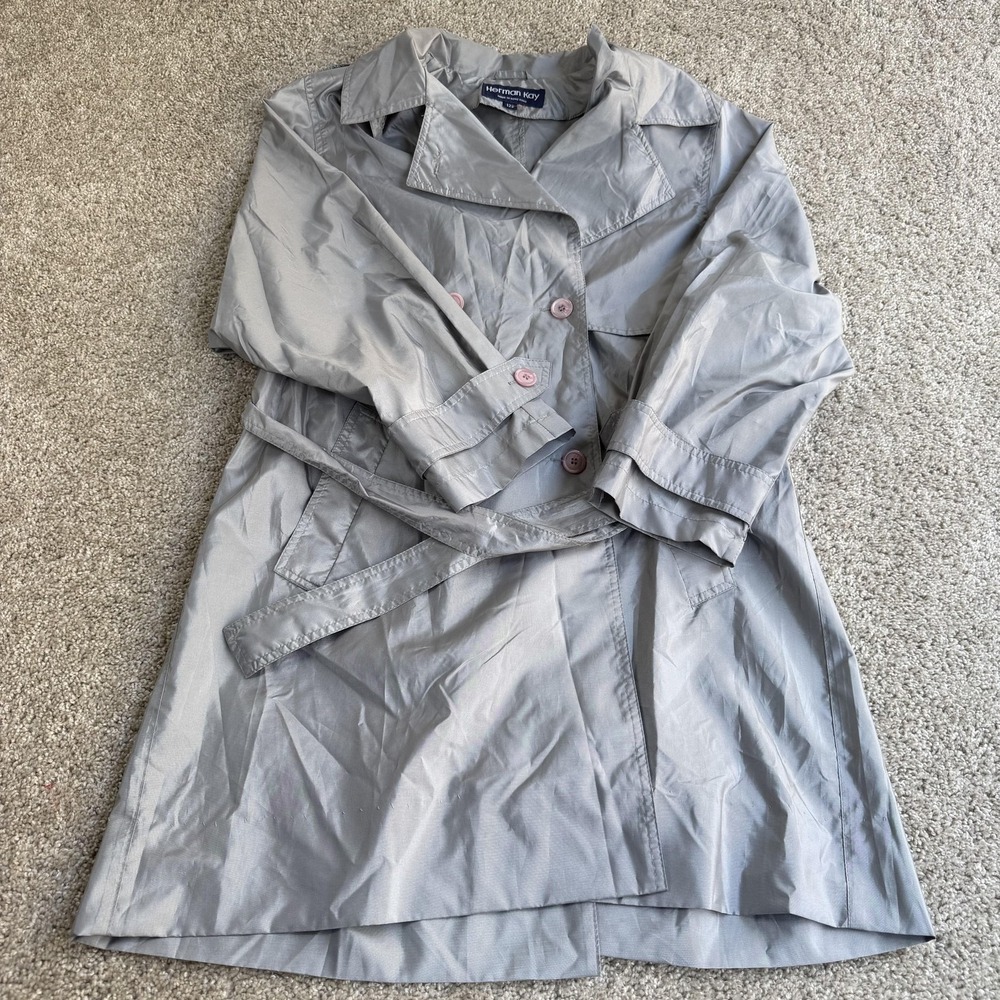 Vintage Herman Kay Coat Womens Petites 12P Gray Taffeta Belted Trench Mid Length